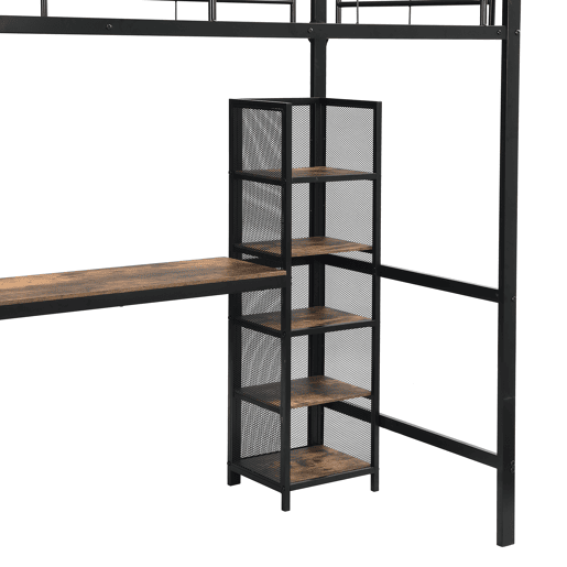 Cama alta 90x200 - Cama de ferro com secretária e estante múltipla, grade e escada robusta - Preto + Madeira escura