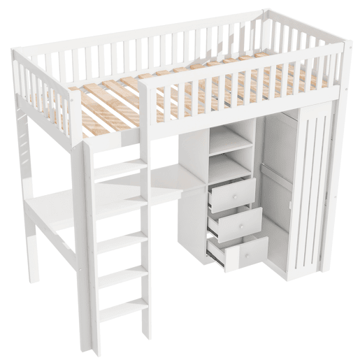 Cama alta de madeira 90x200 cm - com secretária e roupeiro - Branco