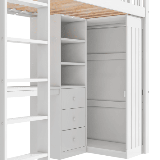 Cama alta de madeira 90x200 cm - com secretária e roupeiro - Branco