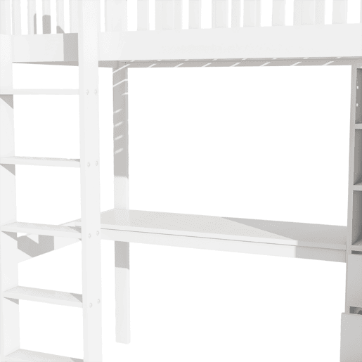 Cama alta de madeira 90x200 cm - com secretária e roupeiro - Branco