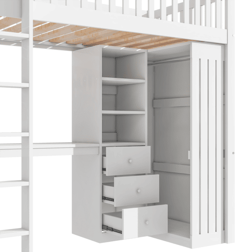 Cama alta de madeira 90x200 cm - com secretária e roupeiro - Branco