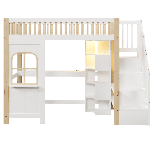 Cama alta 90x200 cm - Com luzes LED, janela, escada com arrumação, secretária, tomada - Branco+Natural