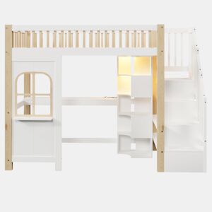 Cama alta 90x200 cm - Com luzes LED, janela, escada com arrumação, secretária, tomada - Branco+Natural