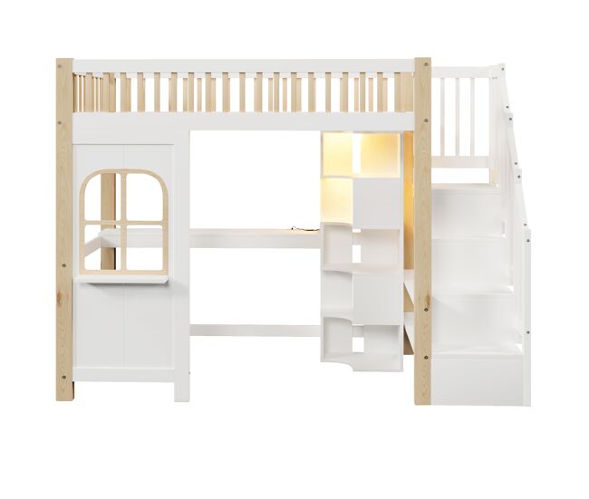 Cama alta 90x200 cm - con luces led, ventana, escalera con almacenamiento, escritorio, enchufe - blanco+natural