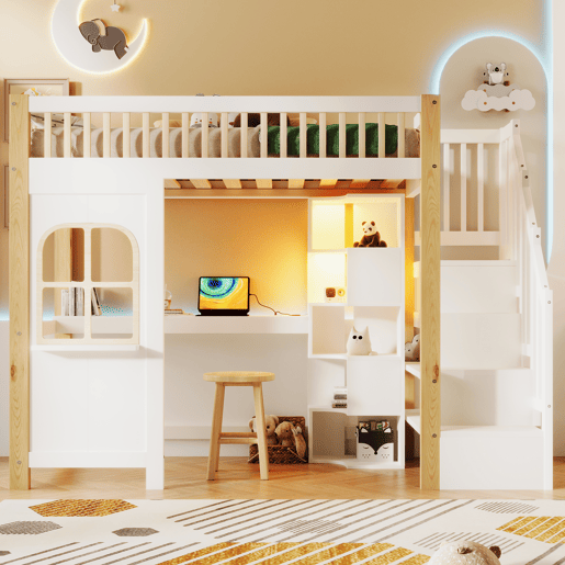 Cama alta 90x200 cm - Com luzes LED, janela, escada com arrumação, secretária, tomada - Branco+Natural