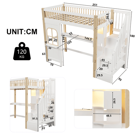 Cama alta 90x200 cm - Com luzes LED, janela, escada com arrumação, secretária, tomada - Branco+Natural