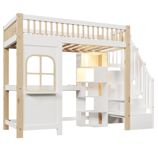 Cama alta 90x200 cm - Com luzes LED, janela, escada com arrumação, secretária, tomada - Branco+Natural