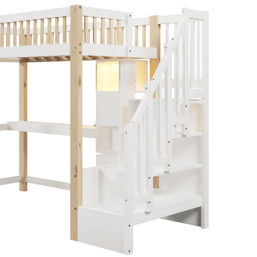 Cama alta 90x200 cm - Com luzes LED, janela, escada com arrumação, secretária, tomada - Branco+Natural