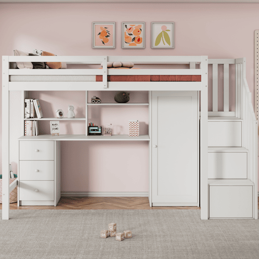 Beliche infantil 90x200 cm - com secretária, armário, escada, gavetas, branco