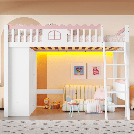 Cama alta infantil 90x200cm - Com LED, armário e gaveta, sem colchão - Branco