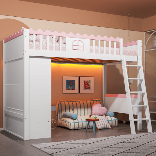 Cama alta infantil 90x200cm - Com LED, armário e gaveta, sem colchão - Branco