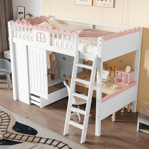 Cama alta infantil 90x200cm - Com LED, armário e gaveta, sem colchão - Branco