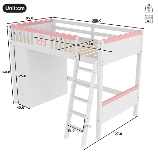 Cama alta infantil 90x200cm - Com LED, armário e gaveta, sem colchão - Branco