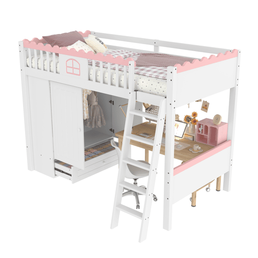 Cama alta infantil 90x200cm - Com LED, armário e gaveta, sem colchão - Branco