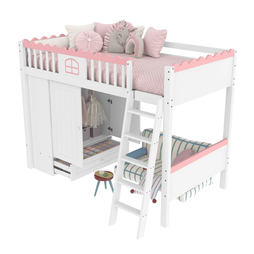 Cama alta infantil 90x200cm - Com LED, armário e gaveta, sem colchão - Branco