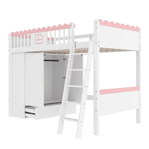 Cama alta infantil 90x200cm - Com LED, armário e gaveta, sem colchão - Branco