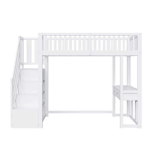 Cama alta 90x200 cm - Mesa multifuncional, escada de armazenamento segura, estrutura em madeira de pinho, branca Cama alta 90x200 cm - Mesa multifuncional, escada de armazenamento segura, estrutura em madeira de pinho, branca