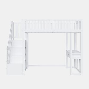 Cama alta 90x200 cm - Mesa multifuncional, escada de armazenamento segura, estrutura em madeira de pinho, branca