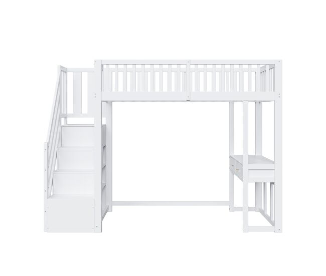 Cama alta 90x200 cm - mesa multifuncional, escalera de almacenamiento segura, estructura de madera de pino, blanca