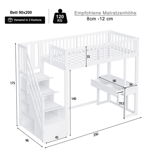 Cama alta 90x200 cm - Mesa multifuncional, escada de armazenamento segura, estrutura em madeira de pinho, branca Cama alta 90x200 cm - Mesa multifuncional, escada de armazenamento segura, estrutura em madeira de pinho, branca