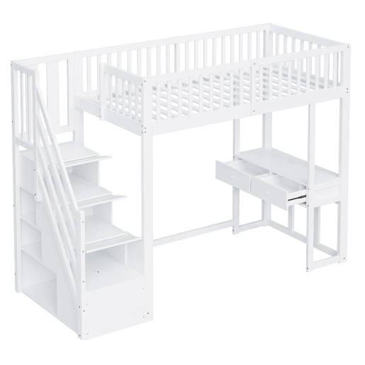 Cama alta 90x200 cm - Mesa multifuncional, escada de armazenamento segura, estrutura em madeira de pinho, branca Cama alta 90x200 cm - Mesa multifuncional, escada de armazenamento segura, estrutura em madeira de pinho, branca