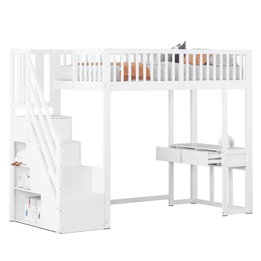 Cama alta 90x200 cm - Mesa multifuncional, escada de armazenamento segura, estrutura em madeira de pinho, branca Cama alta 90x200 cm - Mesa multifuncional, escada de armazenamento segura, estrutura em madeira de pinho, branca