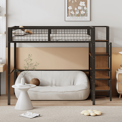 Cama alta 140*200 - com escada, cama infantil com estrutura de ferro e prateleira de arrumação - preto Cama alta 140*200 - com escada, cama infantil com estrutura de ferro e prateleira de arrumação - preto