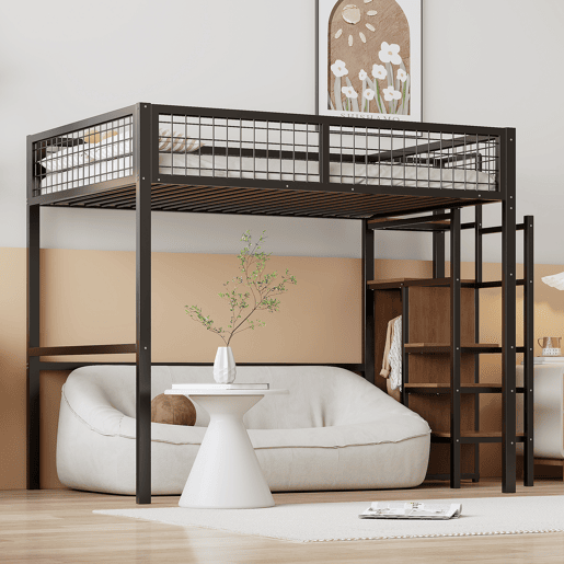 Cama alta 140*200 - com escada, cama infantil com estrutura de ferro e prateleira de arrumação - preto Cama alta 140*200 - com escada, cama infantil com estrutura de ferro e prateleira de arrumação - preto