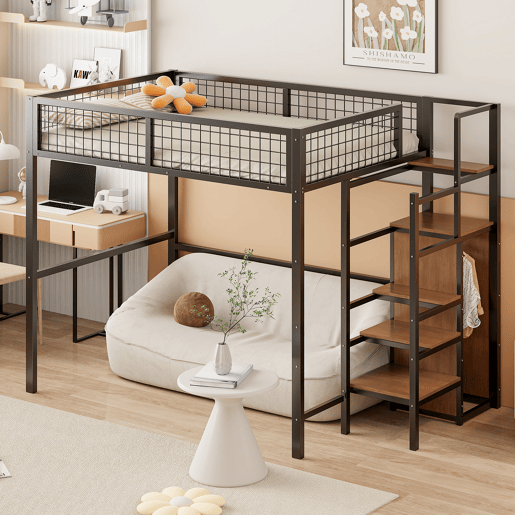 Cama alta 140*200 - com escada, cama infantil com estrutura de ferro e prateleira de arrumação - preto Cama alta 140*200 - com escada, cama infantil com estrutura de ferro e prateleira de arrumação - preto