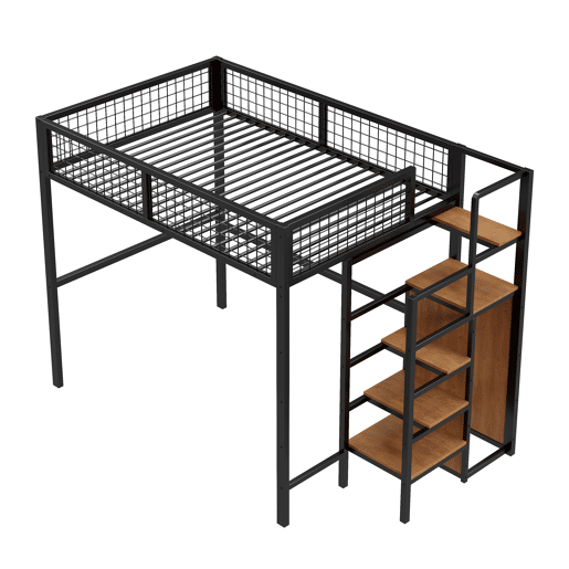 Cama alta 140*200 - com escada, cama infantil com estrutura de ferro e prateleira de arrumação - preto Cama alta 140*200 - com escada, cama infantil com estrutura de ferro e prateleira de arrumação - preto