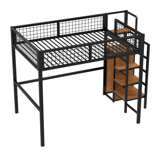 Cama alta 140*200 - com escada, cama infantil com estrutura de ferro e prateleira de arrumação - preto Cama alta 140*200 - com escada, cama infantil com estrutura de ferro e prateleira de arrumação - preto