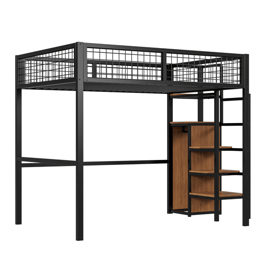 Cama alta 140*200 - com escada, cama infantil com estrutura de ferro e prateleira de arrumação - preto Cama alta 140*200 - com escada, cama infantil com estrutura de ferro e prateleira de arrumação - preto
