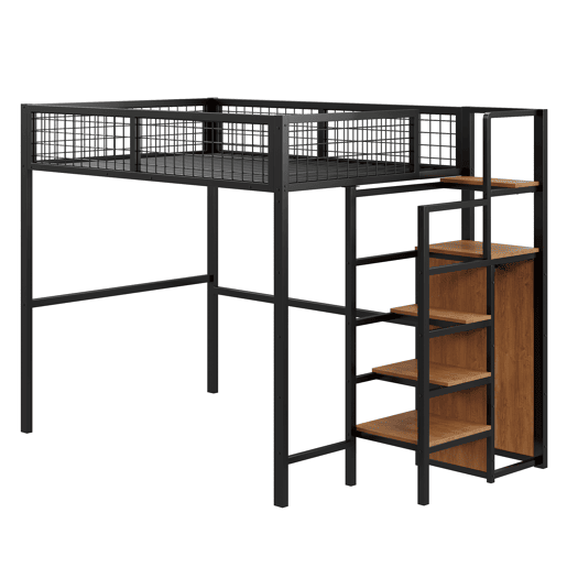 Cama alta 140*200 - com escada, cama infantil com estrutura de ferro e prateleira de arrumação - preto Cama alta 140*200 - com escada, cama infantil com estrutura de ferro e prateleira de arrumação - preto