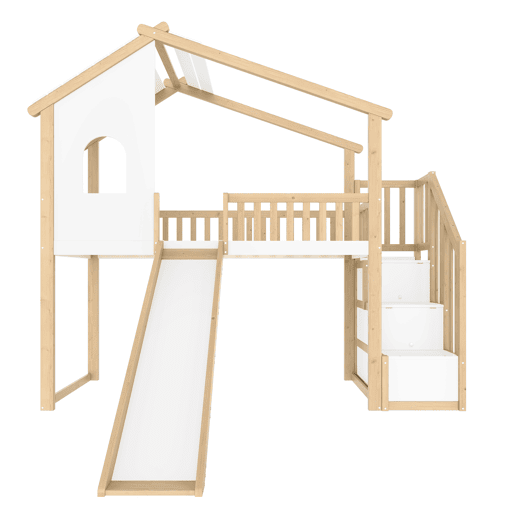 Cama alta 90x200cm - Grade de cama, escada com arrumação, janela, escorrega, ripa de casa - Natural+Branco