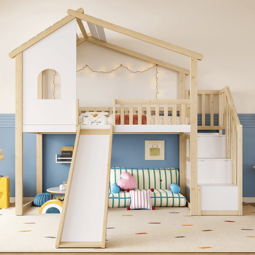 Cama alta 90x200cm - Grade de cama, escada com arrumação, janela, escorrega, ripa de casa - Natural+Branco