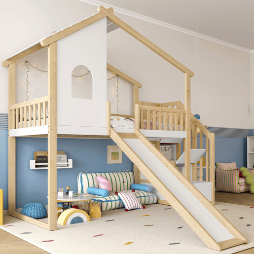 Cama alta 90x200cm - Grade de cama, escada com arrumação, janela, escorrega, ripa de casa - Natural+Branco