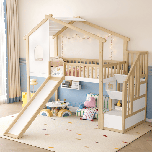 Cama alta 90x200cm - Grade de cama, escada com arrumação, janela, escorrega, ripa de casa - Natural+Branco
