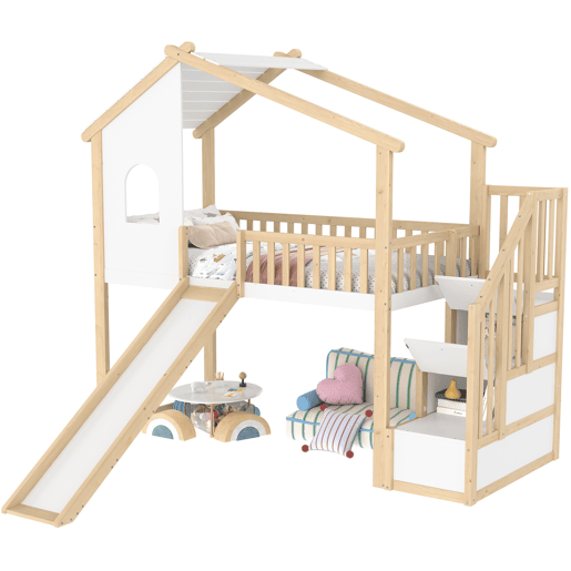 Cama alta 90x200cm - Grade de cama, escada com arrumação, janela, escorrega, ripa de casa - Natural+Branco