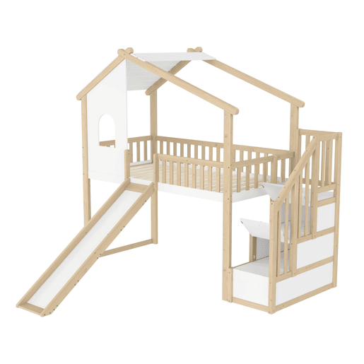Cama alta 90x200cm - Grade de cama, escada com arrumação, janela, escorrega, ripa de casa - Natural+Branco