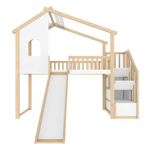 Cama alta 90x200cm - Grade de cama, escada com arrumação, janela, escorrega, ripa de casa - Natural+Branco