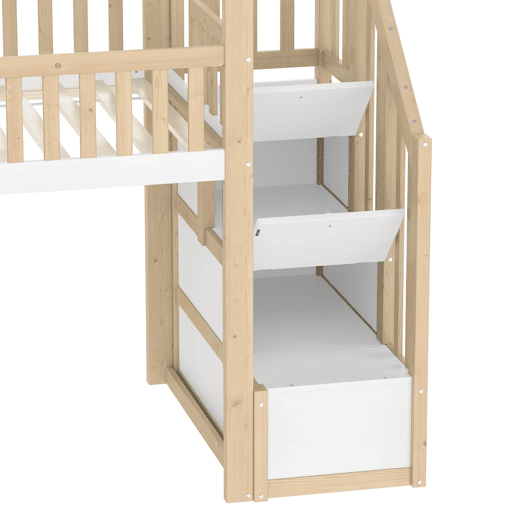 Cama alta 90x200cm - Grade de cama, escada com arrumação, janela, escorrega, ripa de casa - Natural+Branco
