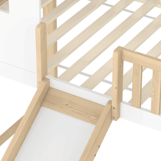 Cama alta 90x200cm - Grade de cama, escada com arrumação, janela, escorrega, ripa de casa - Natural+Branco