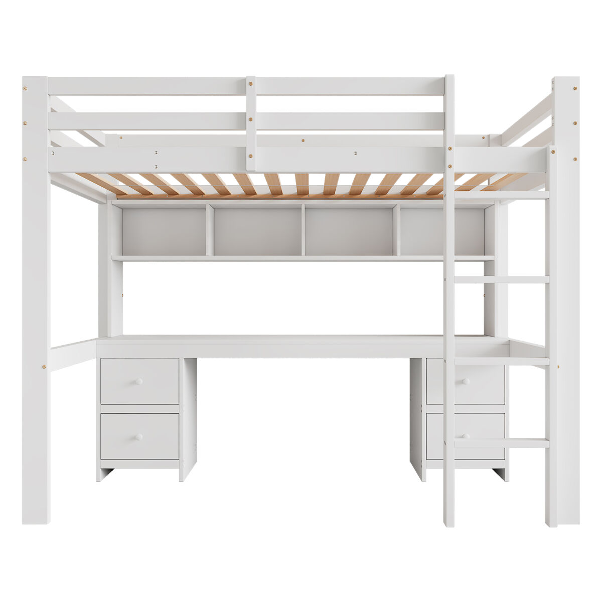 Cama entresuelo 90x200 cm - con escritorio y 2 cómodas - de pino macizo y mdf - blanco