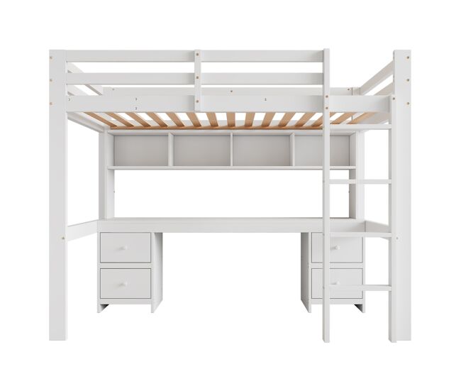 Cama entresuelo 90x200 cm - con escritorio y 2 cómodas - de pino macizo y mdf - blanco