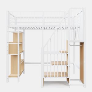 Cama alta multifuncional 90x200 cm - Com arrumação, prateleiras e escada - Branca
