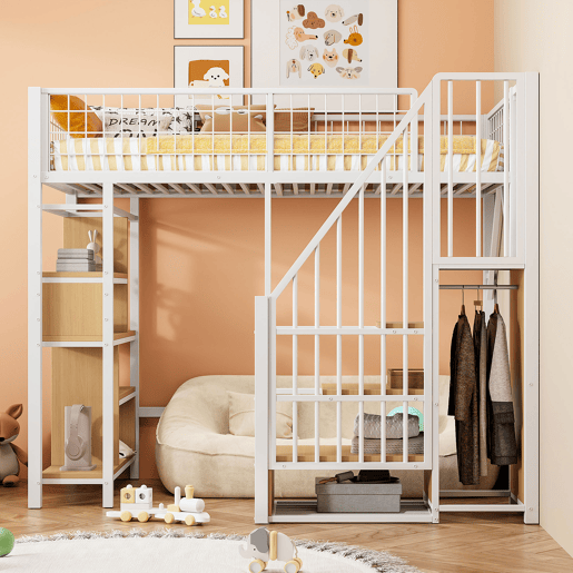 Cama alta multifuncional 90x200 cm - Com arrumação, prateleiras e escada - Branca Cama alta multifuncional 90x200 cm - Com arrumação, prateleiras e escada - Branca