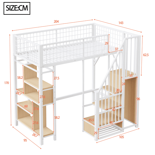 Cama alta multifuncional 90x200 cm - Com arrumação, prateleiras e escada - Branca Cama alta multifuncional 90x200 cm - Com arrumação, prateleiras e escada - Branca