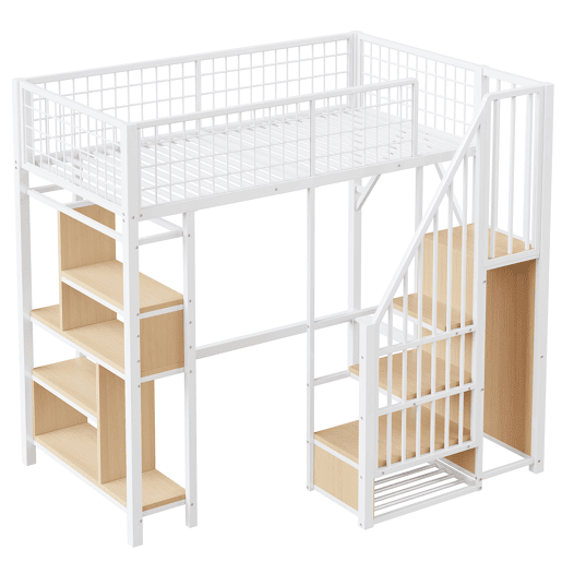 Cama alta multifuncional 90x200 cm - Com arrumação, prateleiras e escada - Branca Cama alta multifuncional 90x200 cm - Com arrumação, prateleiras e escada - Branca