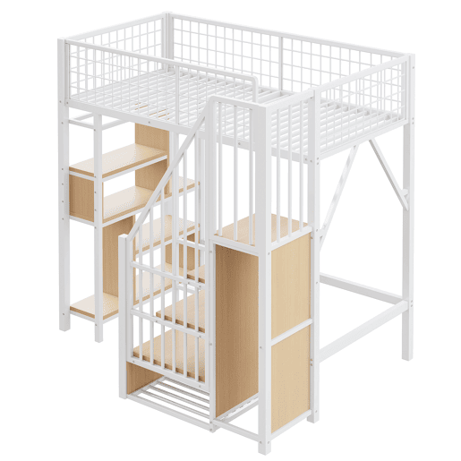 Cama alta multifuncional 90x200 cm - Com arrumação, prateleiras e escada - Branca Cama alta multifuncional 90x200 cm - Com arrumação, prateleiras e escada - Branca