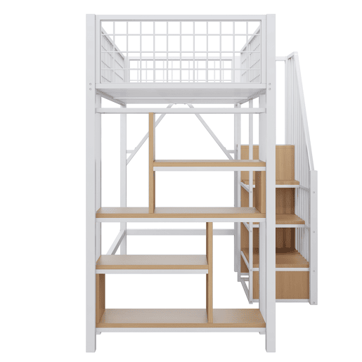 Cama alta multifuncional 90x200 cm - Com arrumação, prateleiras e escada - Branca Cama alta multifuncional 90x200 cm - Com arrumação, prateleiras e escada - Branca
